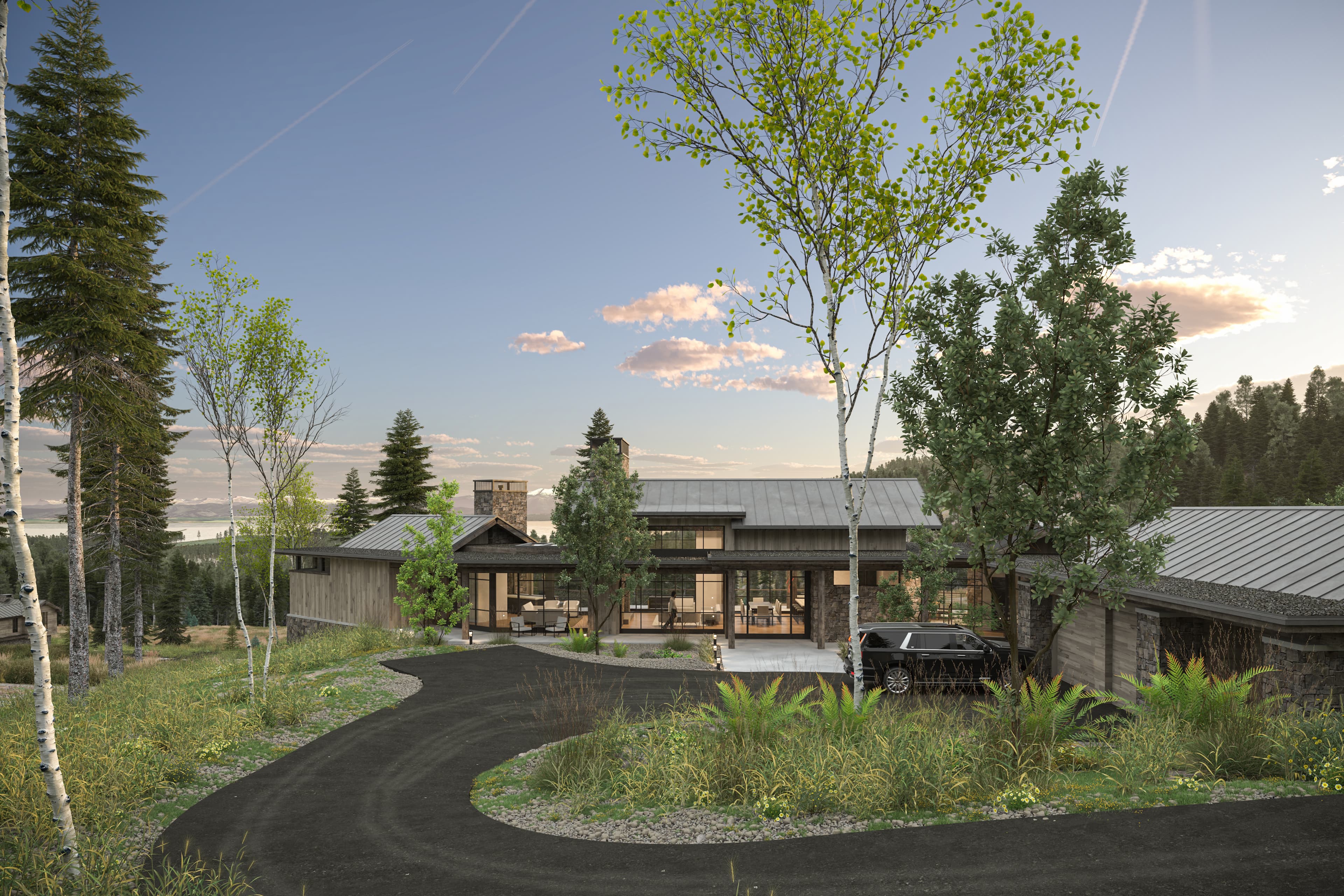 Arrival drive rendering of a future Armstrong custom home in Montana