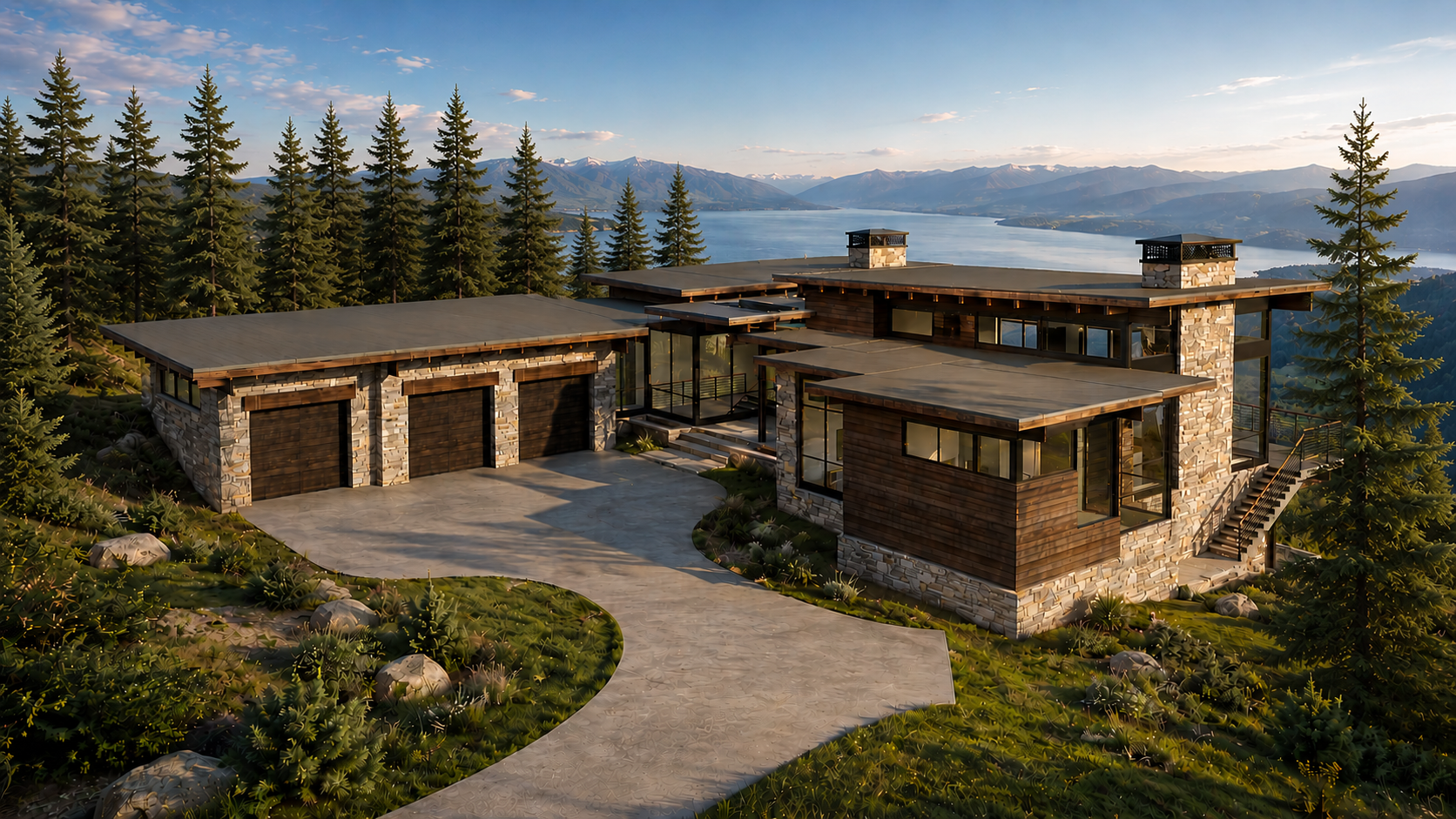 Daytime aerial rendering of a future Armstrong custom home in Montana