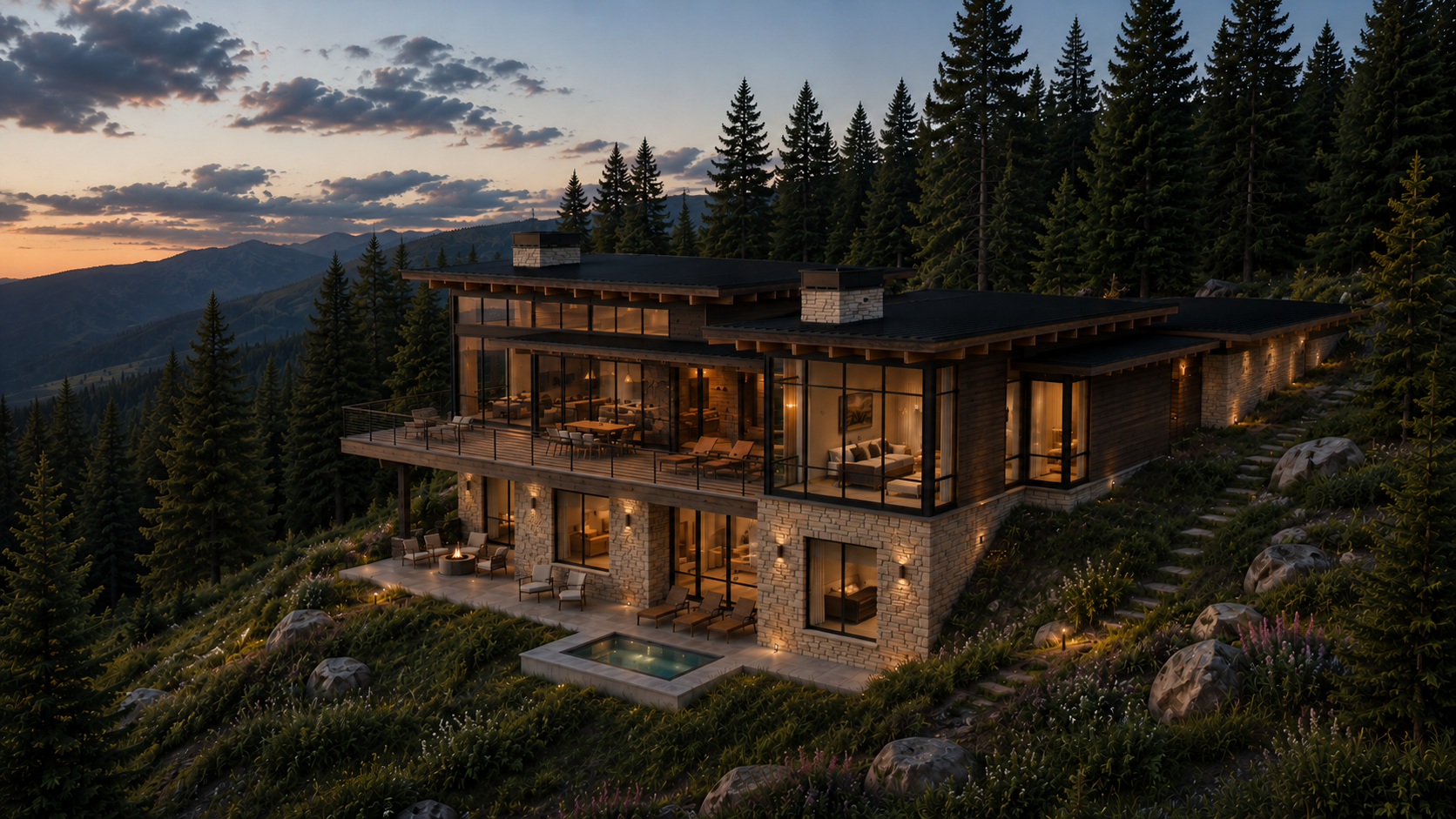 Dusk aerial rendering of a future Armstrong custom home in Montana