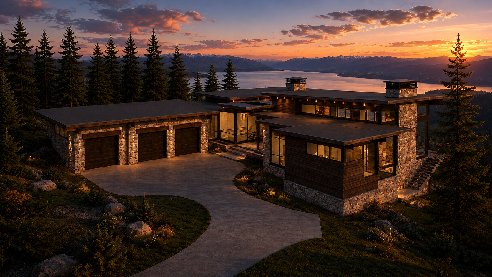Sunset aerial rendering of a future Armstrong custom home in Montana