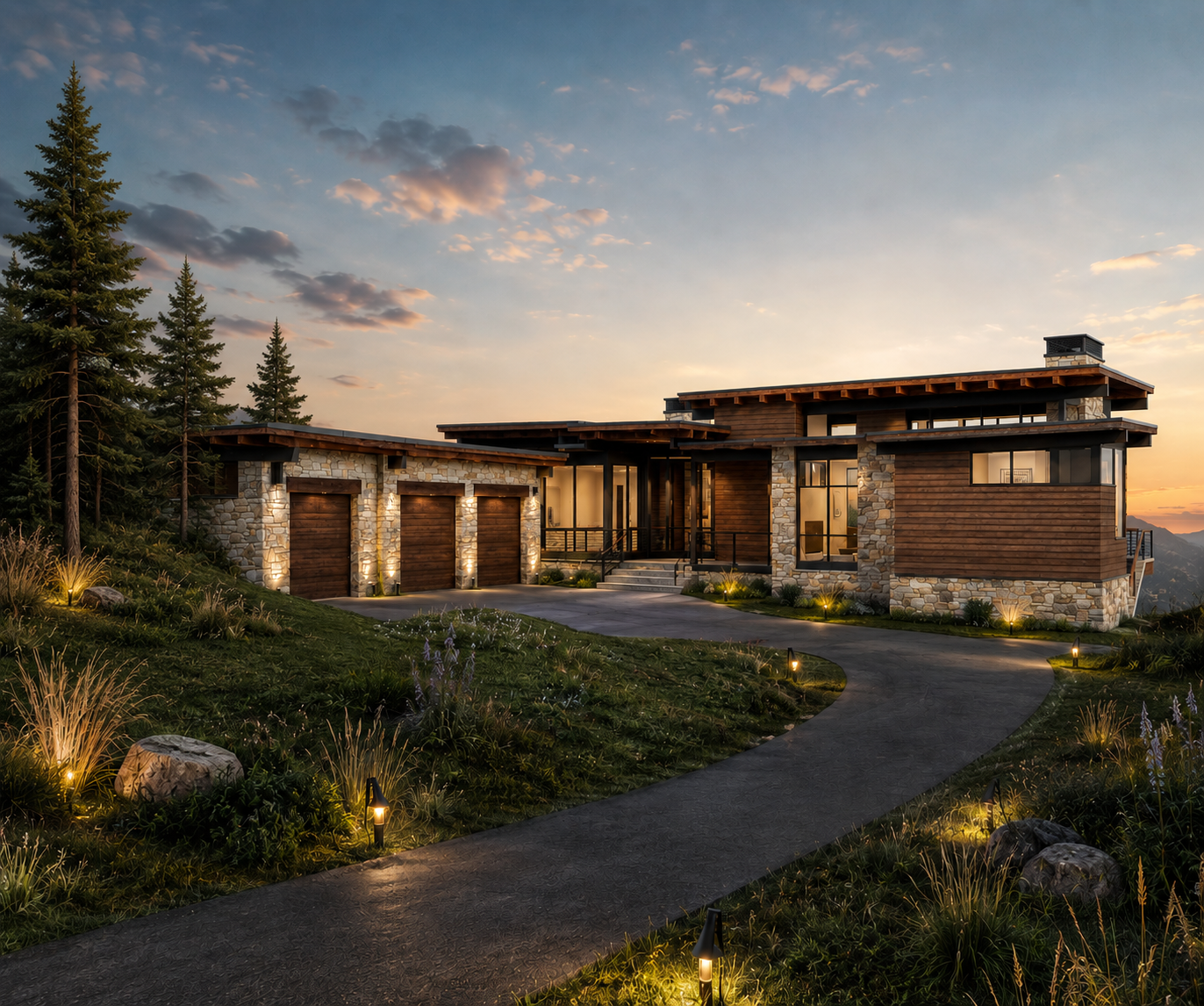 Drive arrival rendering of a future Armstrong custom home in Montana