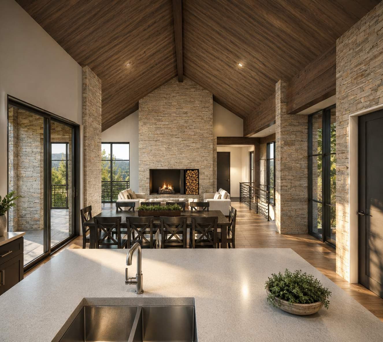 Territory 1889 Homesite EE-5 dining and fireplace rendering in Lakeside, Montana