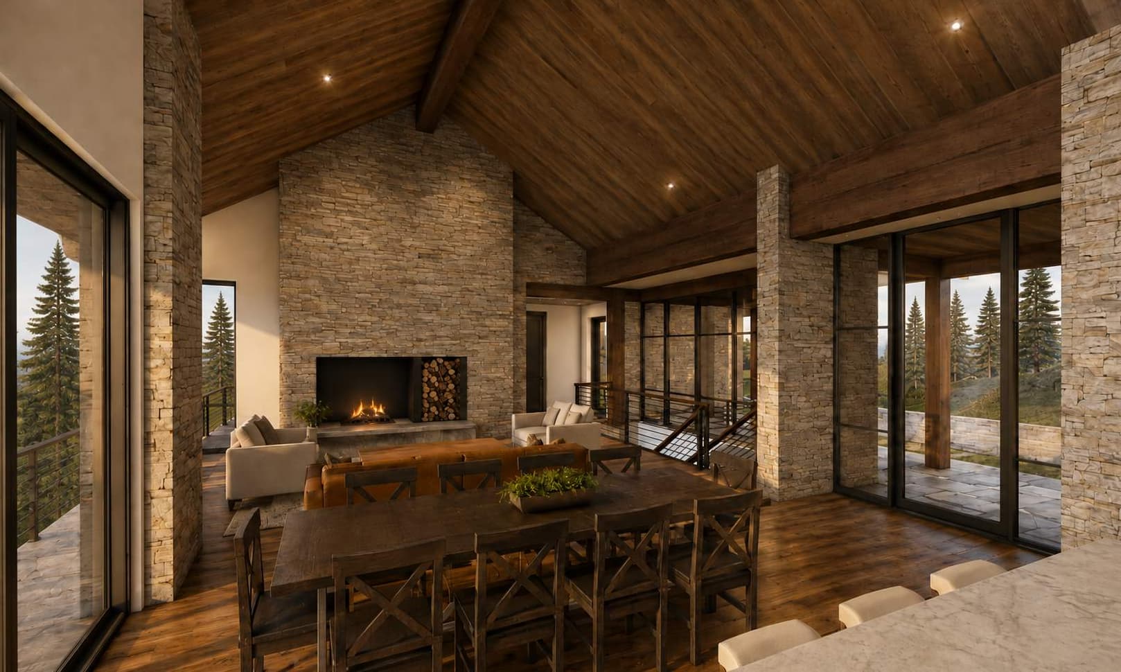 Territory 1889 Homesite EE-5 dining terrace fireplace rendering in Lakeside, Montana