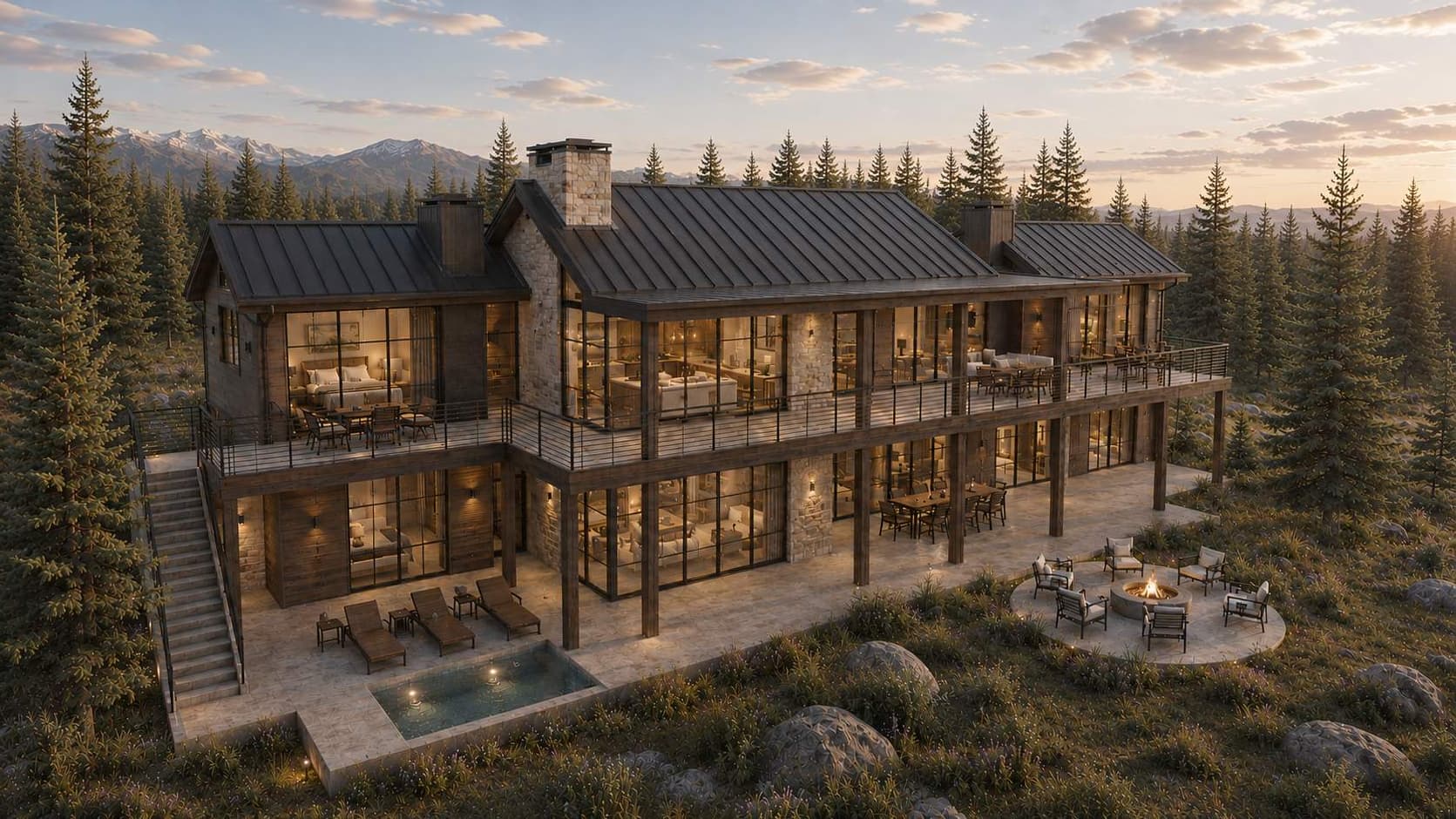 Territory 1889 Homesite EE-5 rear terrace aerial rendering in Lakeside, Montana